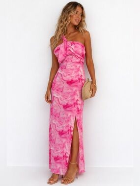 Pink One-Shoulder Marble Maxi Dress with Side Slit